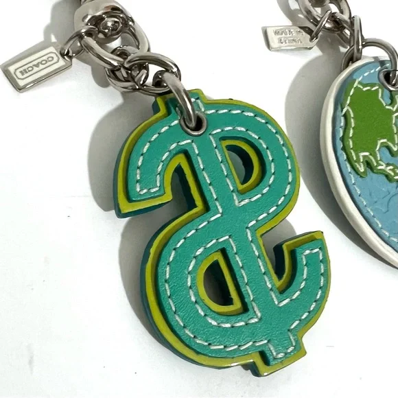 Coach Vtg Keychain Key Fob Earth Globe Dollar Sign Leather Charm Lot Of 2 - Picture 4 of 5